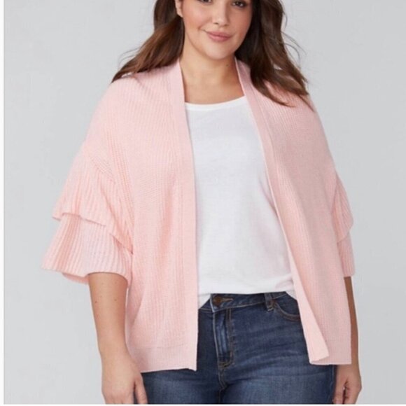Lane Bryant SZ 22/24 Soft pink open front 3/4 tiered sleeve cardigan boxy cut - Picture 1 of 11